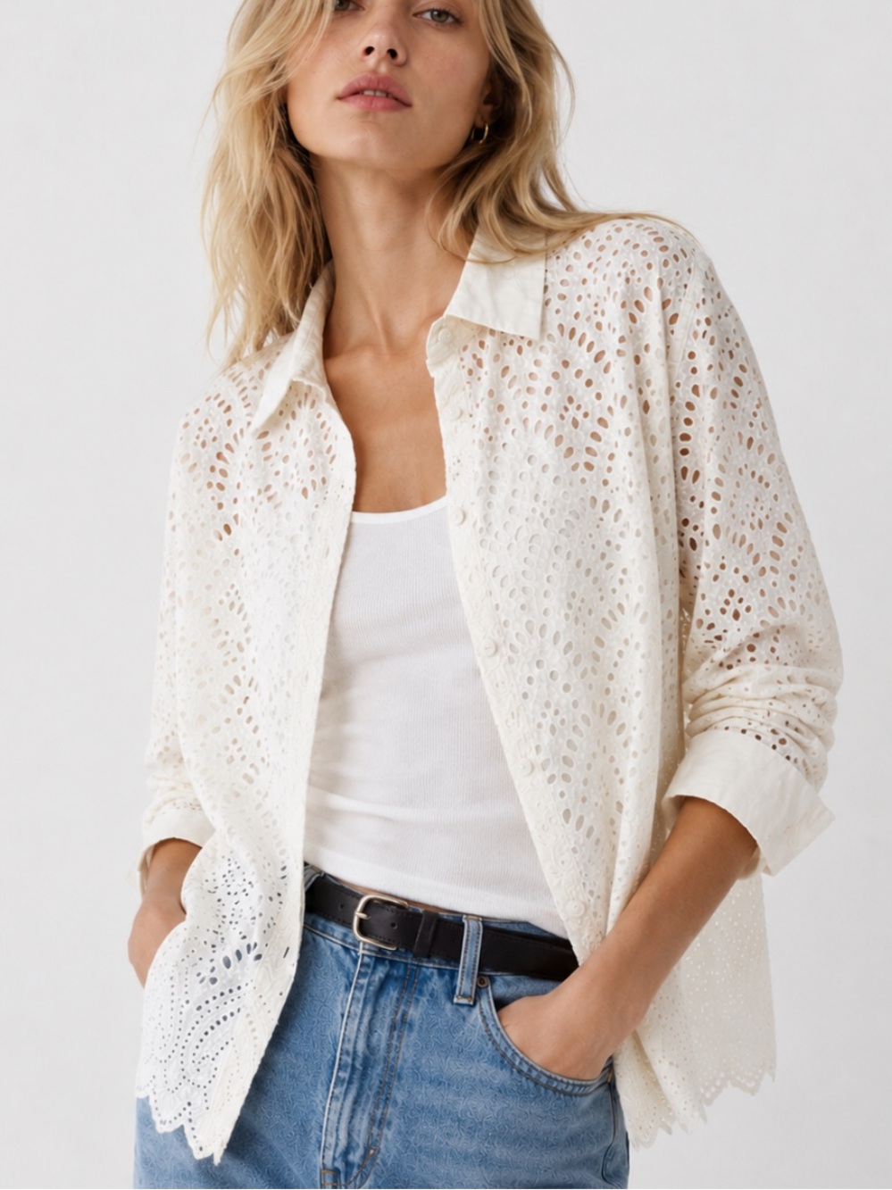 New Lulus Eyelet Button-Down Cover-Up Shirt in Ivory White